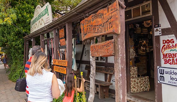 A shopfront lined with rustic wooden signage surrounded by green trees