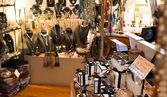 A variety of silver jewellery displayed